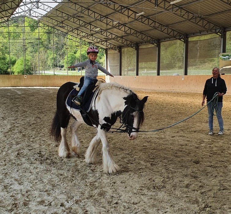 Ein Kind bekommt eine Reitstunde auf einem weißen Pferd in der Reithalle der Maschmühle